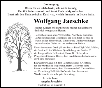 Traueranzeige von Wolfgang Jaeschke von Mitteldeutsche Zeitung Quedlinburg