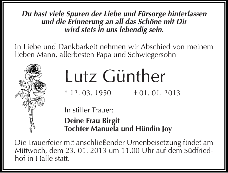 Traueranzeige für Lutz Günther vom 05.01.2013 aus Mitteldeutsche Zeitung Halle/Saalkreis