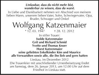 Traueranzeige von Wolfgang Katzenmaier von Mitteldeutsche Zeitung Halle/Saalkreis