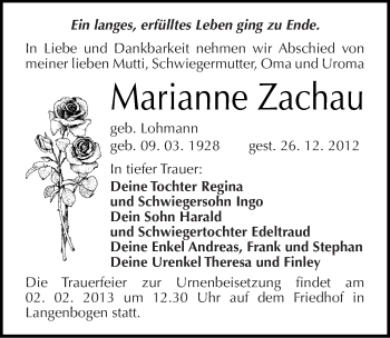 Traueranzeige von Marianne Zachau von Mitteldeutsche Zeitung Halle/Saalkreis