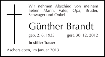 Traueranzeige von Günther Brandt von Mitteldeutsche Zeitung Aschersleben