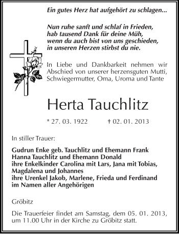 Traueranzeige von Herta Tauchlitz von Mitteldeutsche Zeitung Weißenfels