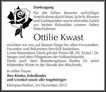 Traueranzeige von Ottilie Kwast von Mitteldeutsche Zeitung Köthen