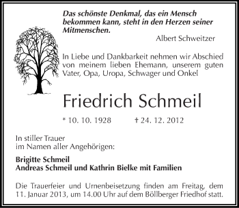 Traueranzeige von Friedrich Schmeil von Mitteldeutsche Zeitung Halle/Saalkreis