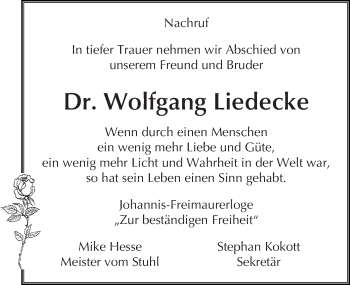 Traueranzeige von Wolfgang Liedecke von Mitteldeutsche Zeitung Quedlinburg