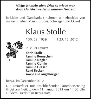 Traueranzeige von Klaus Stolle von Mitteldeutsche Zeitung Sangerhausen