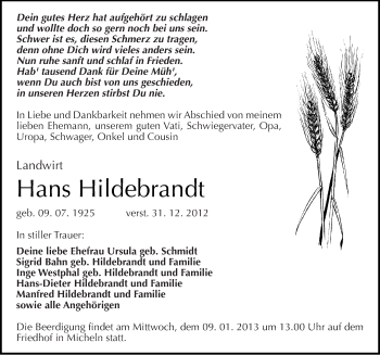 Traueranzeige von Hans Hildebrandt von Mitteldeutsche Zeitung Köthen
