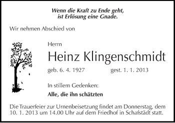 Traueranzeige von Heinz Klingenschmidt von Mitteldeutsche Zeitung Merseburg/Querfurt