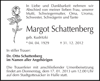 Traueranzeige von Margot Schattenberg von Mitteldeutsche Zeitung Halle/Saalkreis