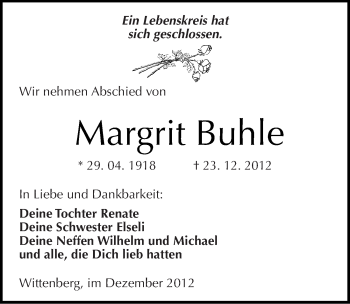 Traueranzeige von Margrit Buhle von Mitteldeutsche Zeitung Wittenberg