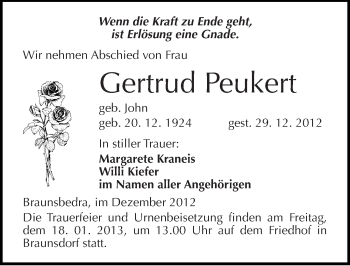 Traueranzeige von Gertrud Peukert von Mitteldeutsche Zeitung Merseburg/Querfurt
