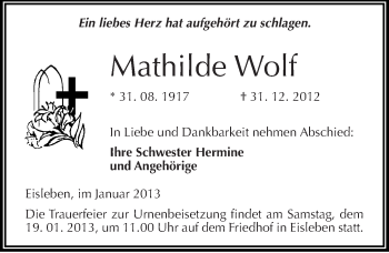 Traueranzeige von Mathilde Wolf von Mitteldeutsche Zeitung Mansfelder Land