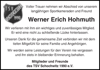 Traueranzeige von Werner Erich Hohmuth von Mitteldeutsche Zeitung Halle/Saalkreis