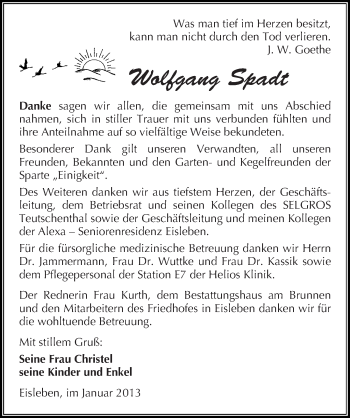 Traueranzeige von Wolfgang Spadt von Mitteldeutsche Zeitung Mansfelder Land
