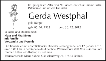 Traueranzeige von Gerda Westphal von Mitteldeutsche Zeitung Mansfelder Land