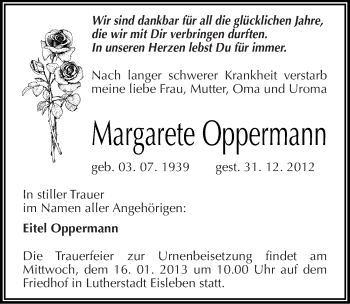 Traueranzeige von Margarete Oppermann von Mitteldeutsche Zeitung Mansfelder Land
