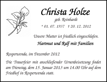Traueranzeige von Christa Holze von Mitteldeutsche Zeitung Sangerhausen