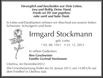 Traueranzeige von Irmgard Stockmann von Mitteldeutsche Zeitung Köthen