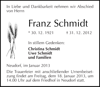 Traueranzeige von Franz Schmidt von Mitteldeutsche Zeitung Quedlinburg