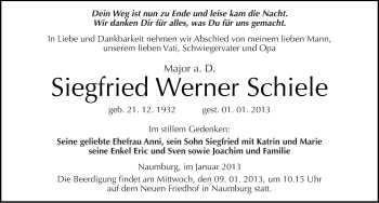 Traueranzeige von Siegfried Werner Schiele von Mitteldeutsche Zeitung Naumburg/Nebra