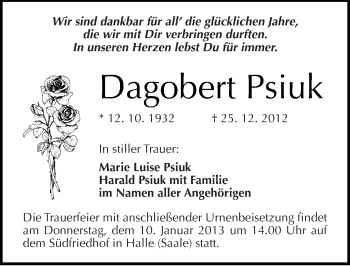 Traueranzeige von Dagobert Psiuk von Mitteldeutsche Zeitung Halle/Saalkreis