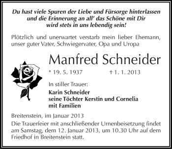 Traueranzeige von Manfred Schneider von Mitteldeutsche Zeitung Sangerhausen