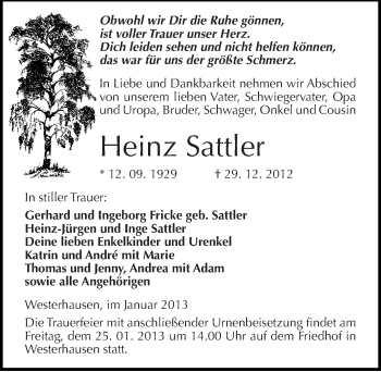 Traueranzeige von Heinz Sattler von Mitteldeutsche Zeitung Quedlinburg