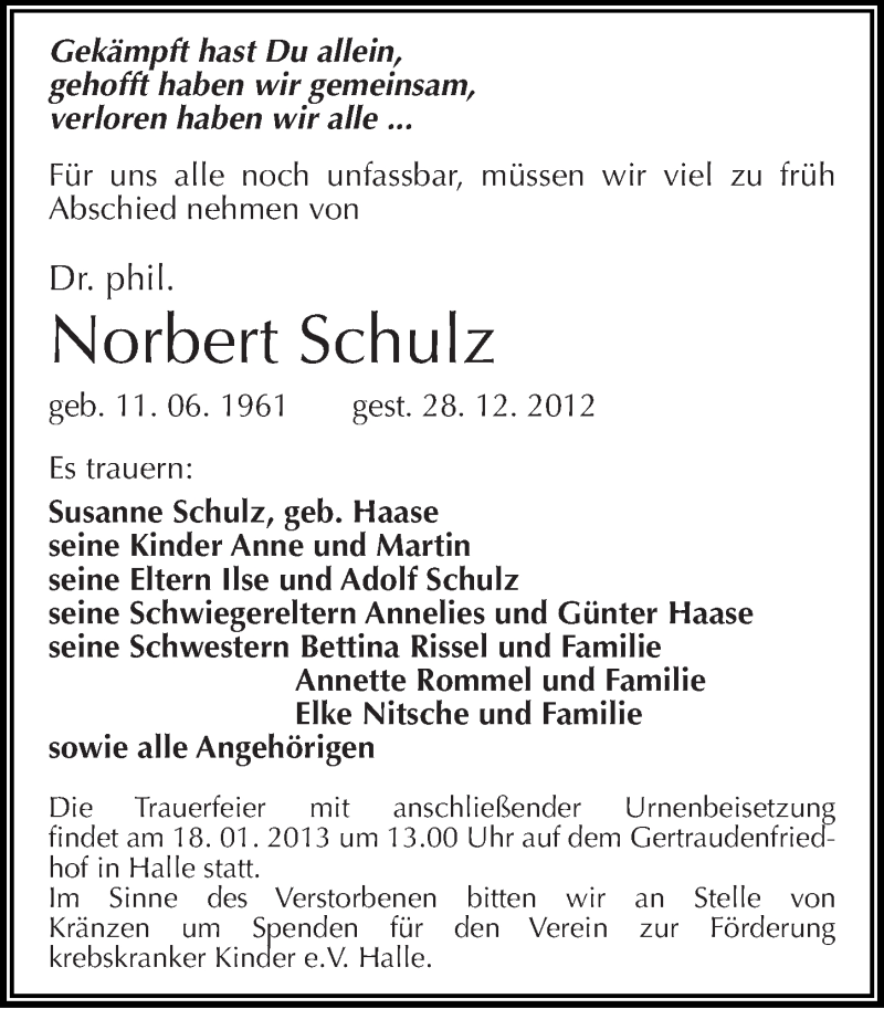  Traueranzeige für Norbert Schulz vom 05.01.2013 aus Mitteldeutsche Zeitung Köthen