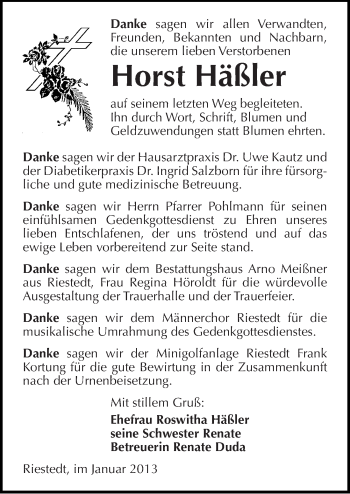 Traueranzeige von Horst Häßler von Mitteldeutsche Zeitung Sangerhausen