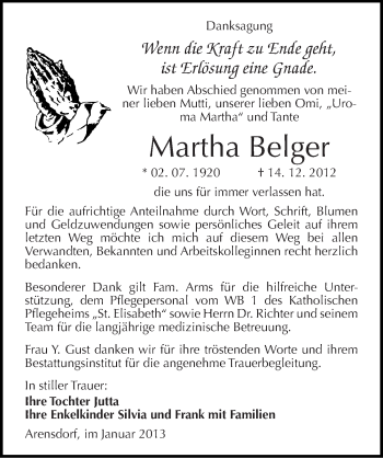 Traueranzeige von Martha Belger von Mitteldeutsche Zeitung Köthen