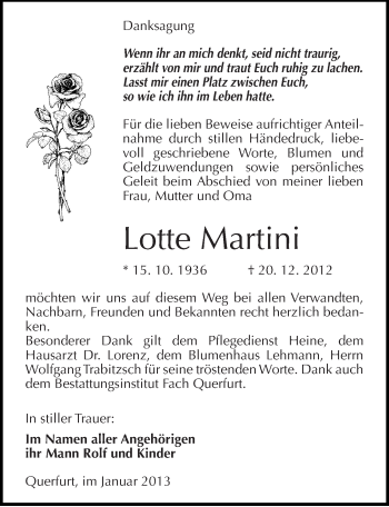 Traueranzeige von Lotte Martini von Mitteldeutsche Zeitung Merseburg/Querfurt