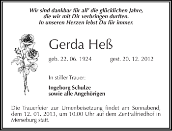 Traueranzeige von Gerda Heß von Mitteldeutsche Zeitung Merseburg/Querfurt