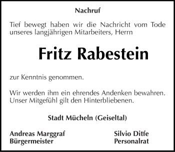 Traueranzeige von Fritz Rabestein von Mitteldeutsche Zeitung Merseburg/Querfurt