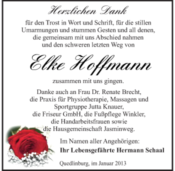Traueranzeige von Elke Hoffmann von Mitteldeutsche Zeitung Quedlinburg