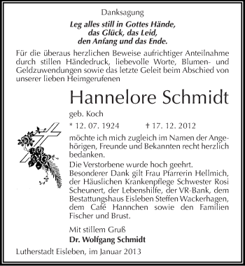 Traueranzeige von Hannelore Schmidt von Mitteldeutsche Zeitung Mansfelder Land