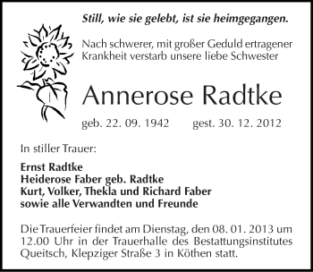 Traueranzeige von Annerose Radtke von Mitteldeutsche Zeitung Köthen