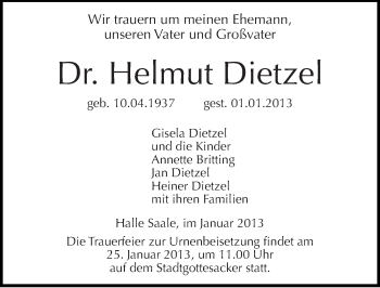 Traueranzeige von Helmut Dietzel von Mitteldeutsche Zeitung Halle/Saalkreis