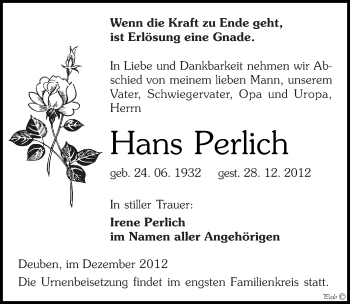 Traueranzeige von Hans Perlich von Mitteldeutsche Zeitung Weißenfels