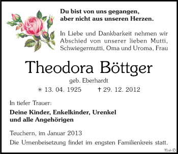 Traueranzeige von Theodora Böttger von Mitteldeutsche Zeitung Weißenfels