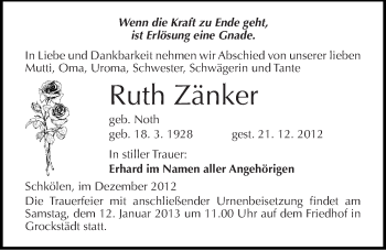 Traueranzeige von Ruth Zänker von Mitteldeutsche Zeitung Merseburg/Querfurt