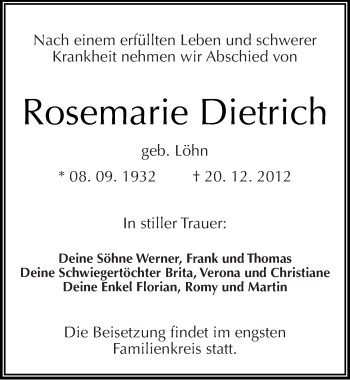 Traueranzeige von Rosemarie Dietrich von Mitteldeutsche Zeitung Halle/Saalkreis