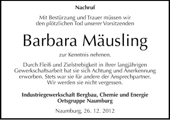 Traueranzeige von Barbara Mäusling von Mitteldeutsche Zeitung Bitterfeld