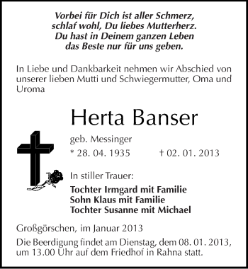 Traueranzeige von Herta Banser von Mitteldeutsche Zeitung Weißenfels