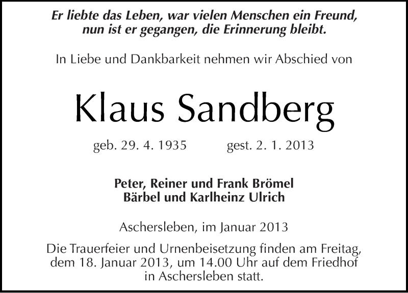  Traueranzeige für Klaus Sandberg vom 08.01.2013 aus Mitteldeutsche Zeitung Aschersleben