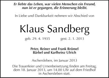Traueranzeige von Klaus Sandberg von Mitteldeutsche Zeitung Aschersleben