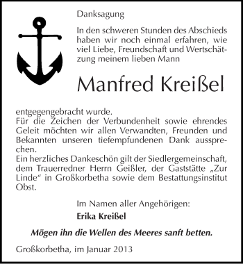 Traueranzeige von Manfred Kreißel von Mitteldeutsche Zeitung Weißenfels