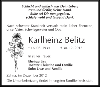 Traueranzeige von Karlheinz Belitz von Mitteldeutsche Zeitung Wittenberg