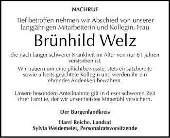 Traueranzeige von Brünhild Welz von Mitteldeutsche Zeitung Naumburg/Nebra