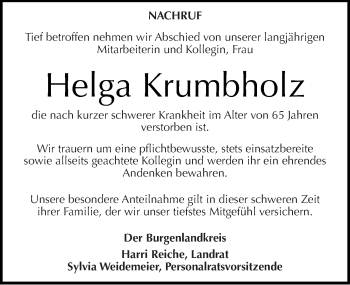 Traueranzeige von Helga Krumbholz von Mitteldeutsche Zeitung Naumburg/Nebra