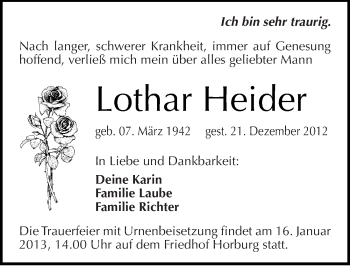 Traueranzeige von Lothar Heider von Mitteldeutsche Zeitung Merseburg/Querfurt